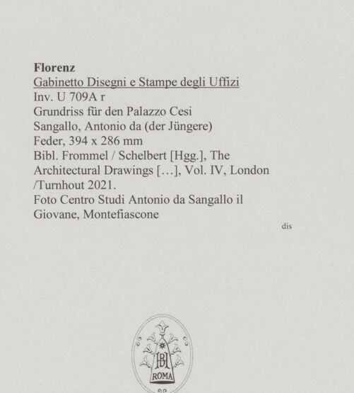 Rückseite von Centro Studi Antonio Sangallo il Giovane, Montefiascone [http://creativecommons.org/publicdomain/mark/1.0/] Grundriss für den Palazzo Cesi - , bh595385_recto. Foto.