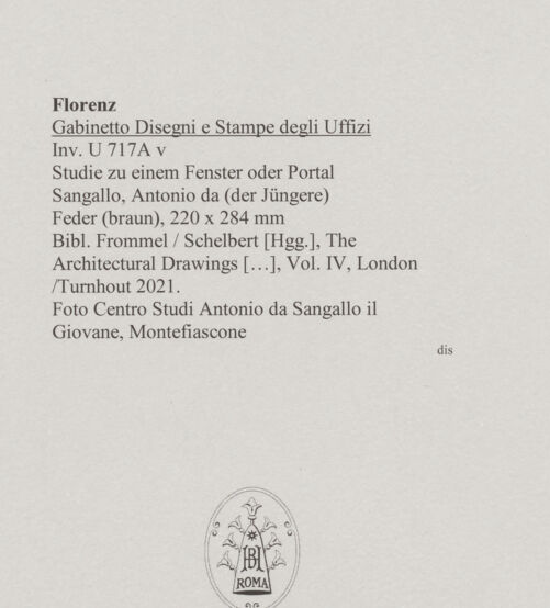 Rückseite von Centro Studi Antonio Sangallo il Giovane, Montefiascone [http://creativecommons.org/publicdomain/mark/1.0/] Studie zu einem Fenster oder Portal - , bh595387_recto. Foto.