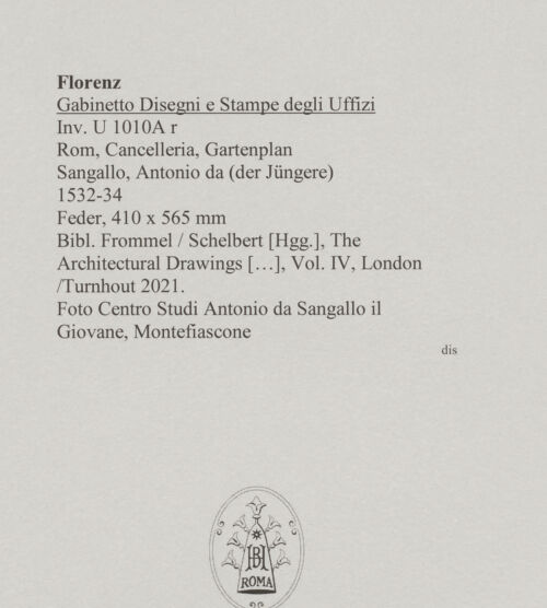 Rückseite von Centro Studi Antonio Sangallo il Giovane, Montefiascone [http://creativecommons.org/publicdomain/mark/1.0/] Rom, Cancelleria, Gartenplan - , bh595403_recto. Foto.