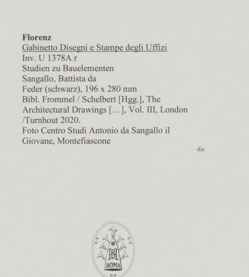 Rückseite von Centro Studi Antonio Sangallo il Giovane, Montefiascone [http://creativecommons.org/publicdomain/mark/1.0/] Studien zu Bauelementen - , bh595437_recto. Foto.