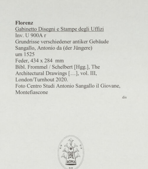 Rückseite von Centro Studi Antonio Sangallo il Giovane, Montefiascone [https://www.deutsche-digitale-bibliothek.de/content/lizenzen/rv-ez/] Grundrisse verschiedener antiker Gebäude - , bh595577_recto. Foto.
