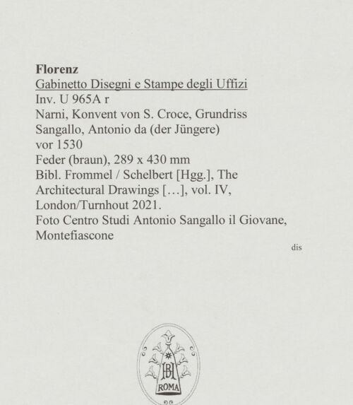 Rückseite von Centro Studi Antonio Sangallo il Giovane, Montefiascone [https://www.deutsche-digitale-bibliothek.de/content/lizenzen/rv-ez/] Narni, Konvent von S. Croce, Grundriss - , bh595585_recto. Foto.