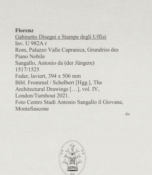 Rückseite von Centro Studi Antonio Sangallo il Giovane, Montefiascone [https://www.deutsche-digitale-bibliothek.de/content/lizenzen/rv-ez/] Rom, Palazzo Valle Capranica, Grundriss des Piano Nobile - , bh595589_recto. Foto.