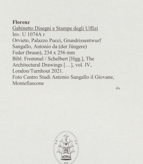 Rückseite von Centro Studi Antonio Sangallo il Giovane, Montefiascone [https://www.deutsche-digitale-bibliothek.de/content/lizenzen/rv-ez/] Orvieto, Palazzo Pucci, Grundrissentwurf - , bh595641_recto. Foto.