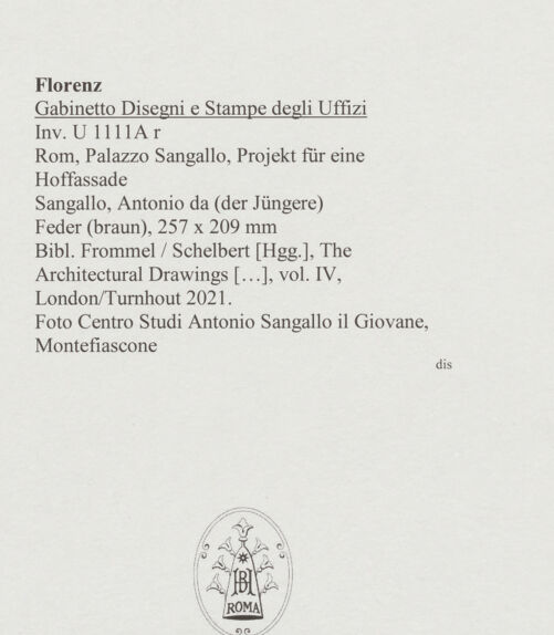 Rückseite von Centro Studi Antonio Sangallo il Giovane, Montefiascone [https://www.deutsche-digitale-bibliothek.de/content/lizenzen/rv-ez/] Rom, Palazzo Sangallo, Projekt für eine Hoffassade - , bh595653_recto. Foto.