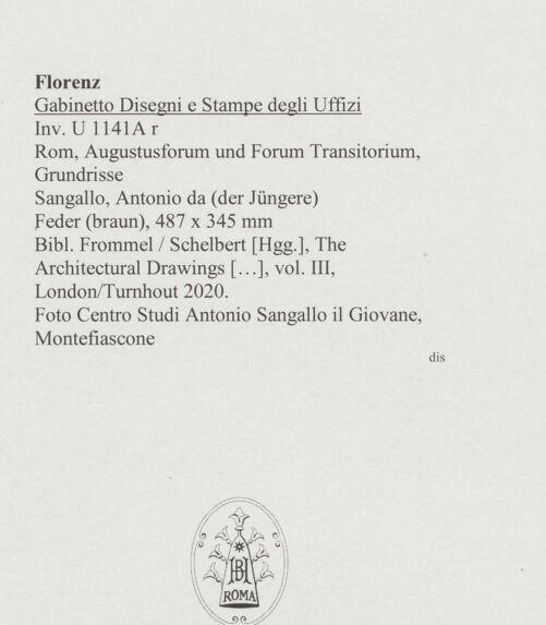 Rückseite von Centro Studi Antonio Sangallo il Giovane, Montefiascone [https://www.deutsche-digitale-bibliothek.de/content/lizenzen/rv-ez/] Rom, Anbauten an das Augustusforum (San Basilio), Skizze des Grundrisses mit Maßangaben; Skizze des Grundrisses mit Maßangaben des Tempels des Mars Ultor; Porticus Absidata; Forum Transitorium, Skizze des Grundrisses des Pronaos des Minerva-Tempels und der "Colonacce"; Grundriss mit Maßangaben einer Säule des Tempels des Mars Ultor; Porticus desselben Tempels; - , bh595677_recto. Foto.