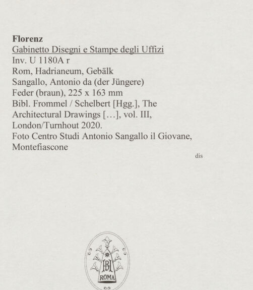 Rückseite von Centro Studi Antonio Sangallo il Giovane, Montefiascone [https://www.deutsche-digitale-bibliothek.de/content/lizenzen/rv-ez/] Rom, Hadrianeum, Gebälk - , bh595704_recto. Foto.