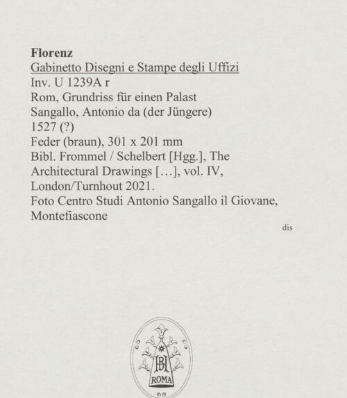 Rückseite von Centro Studi Antonio Sangallo il Giovane, Montefiascone [https://www.deutsche-digitale-bibliothek.de/content/lizenzen/rv-ez/] Rom, Grundriss für einen Palast - , bh595745_recto. Foto.