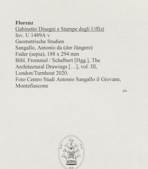 Rückseite von Centro Studi Antonio Sangallo il Giovane, Montefiascone [https://www.deutsche-digitale-bibliothek.de/content/lizenzen/rv-ez/] Geometrische Studien - , bh595802_recto. Foto.