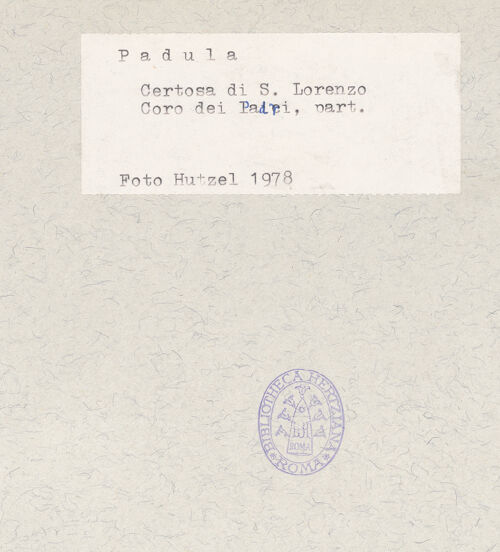 Rückseite von Hutzel, Max [https://www.deutsche-digitale-bibliothek.de/content/lizenzen/rv-ez/] Coro dei Padri (Chor der Mönche)Kniebank mit MärtyrerdarstellungenBildfeld 8 und 9: Martyrium des heiligen Barnabas und des heiligen Stephanus - Gesamtansicht, bh600372_recto. Foto: Hutzel, Max.