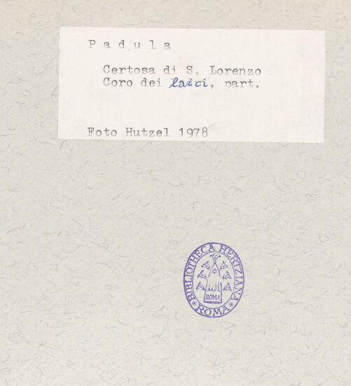 Rückseite von Hutzel, Max [https://www.deutsche-digitale-bibliothek.de/content/lizenzen/rv-ez/] Coro dei Conversi (Laienchor)Sedilien mit Heiligen und EremitenBildfeld 9 und 10: Heiliger Mönch, Heilige Katharina von Alexandria; Stilleben; Stadtansicht - Gesamtansicht, bh600384_recto. Foto: Hutzel, Max.