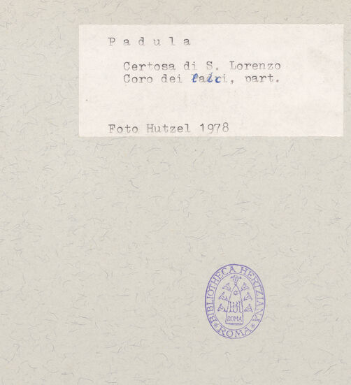 Rückseite von Hutzel, Max [https://www.deutsche-digitale-bibliothek.de/content/lizenzen/rv-ez/] Coro dei Conversi (Laienchor)Sedilien mit Heiligen und EremitenBildfeld 11 und 12: Heilige Ursula, Heiliger Antonius von Padua (?) - Gesamtansicht, bh600385_recto. Foto: Hutzel, Max.