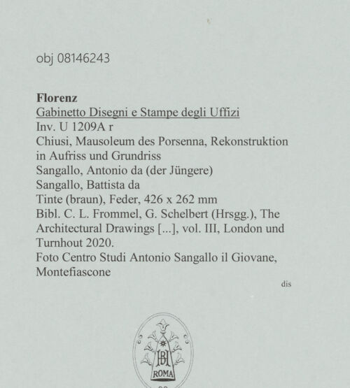 Rückseite von Centro Studi Antonio Sangallo il Giovane, Montefiascone [https://www.deutsche-digitale-bibliothek.de/content/lizenzen/rv-ez/] Chiusi, Mausoleum des Porsenna, Rekonstruktion in Aufriss und Grundriss - , bh600612_recto. Foto.