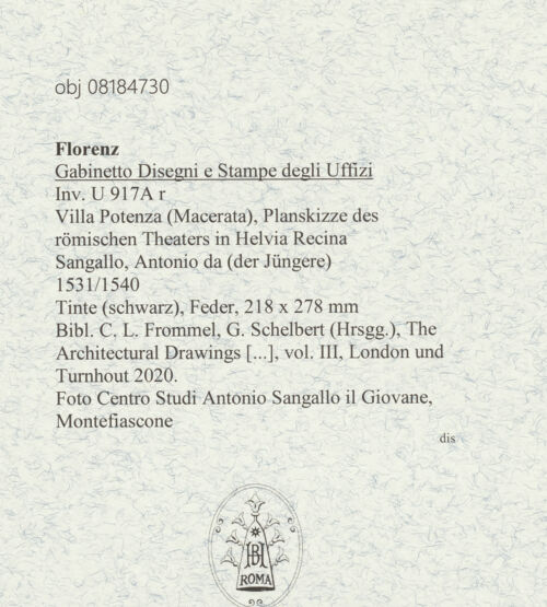 Rückseite von Centro Studi Antonio Sangallo il Giovane, Montefiascone [https://www.deutsche-digitale-bibliothek.de/content/lizenzen/rv-ez/] Villa Potenza (Macerata), Planskizze des römischen Theaters in Helvia Recina - , bh600630_recto. Foto.