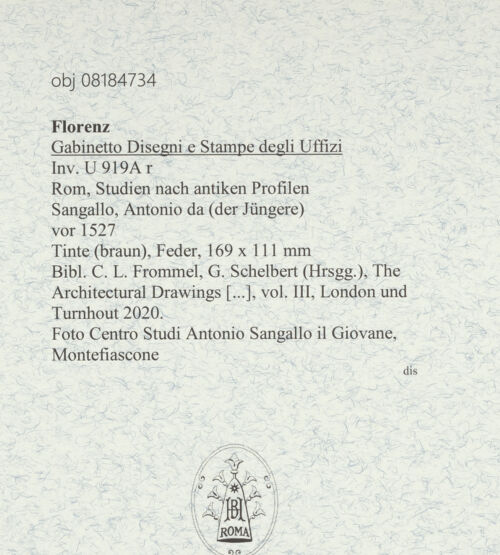Rückseite von Centro Studi Antonio Sangallo il Giovane, Montefiascone [https://www.deutsche-digitale-bibliothek.de/content/lizenzen/rv-ez/] Rom, Studien nach antiken Profilen - , bh600632_recto. Foto.