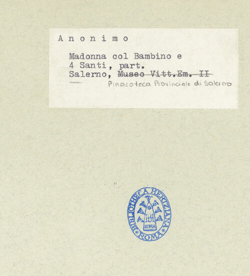 Rückseite von Sopr. BAS NA [https://www.deutsche-digitale-bibliothek.de/content/lizenzen/rv-ez/] Madonna zwischen den heiligen Franziskus, Antonius von Padua, Bernardinus und Ludwig von Toulouse - Detail: Bernardinus und Ludwig, bh600736_recto. Foto.