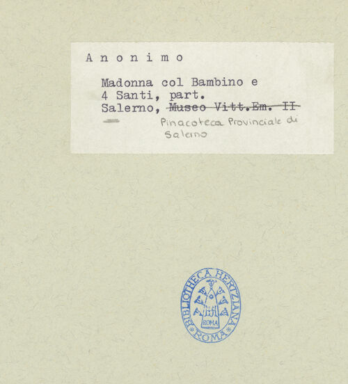 Rückseite von Sopr. BAS NA [https://www.deutsche-digitale-bibliothek.de/content/lizenzen/rv-ez/] Madonna zwischen den heiligen Franziskus, Antonius von Padua, Bernardinus und Ludwig von Toulouse - Detail: Franziskus und Antonius, bh600737_recto. Foto.