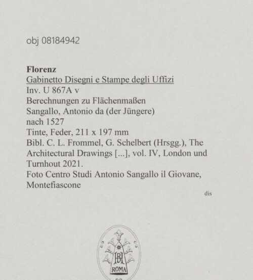 Rückseite von Centro Studi Antonio Sangallo il Giovane, Montefiascone [https://www.deutsche-digitale-bibliothek.de/content/lizenzen/rv-ez/] Berechnungen zu Flächenmaßen - , bh600741_recto. Foto.