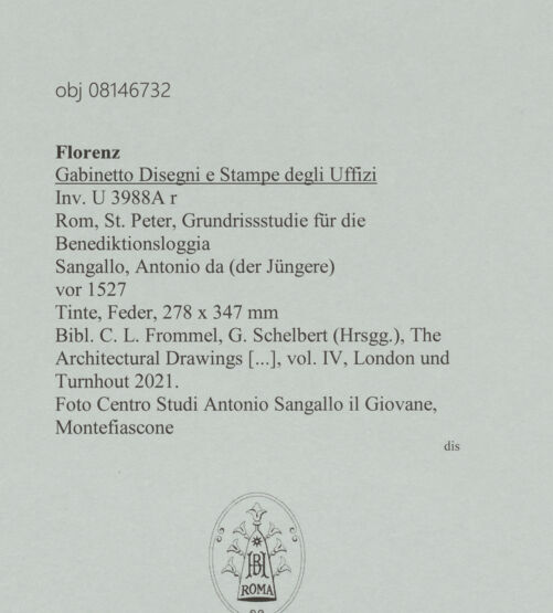 Rückseite von Centro Studi Antonio Sangallo il Giovane, Montefiascone [https://www.deutsche-digitale-bibliothek.de/content/lizenzen/rv-ez/] Rom, St. Peter, Grundrissstudie für die Benediktionsloggia - , bh600809_recto. Foto.