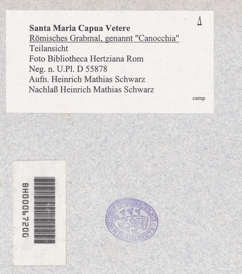 Rückseite von Bibliotheca Hertziana [https://www.deutsche-digitale-bibliothek.de/content/lizenzen/rv-fz/] Römisches Grabmal, genannt "Conocchia" - Teilansicht von Süden, bh601680_recto. Foto: Schwarz, Heinrich Mathias.