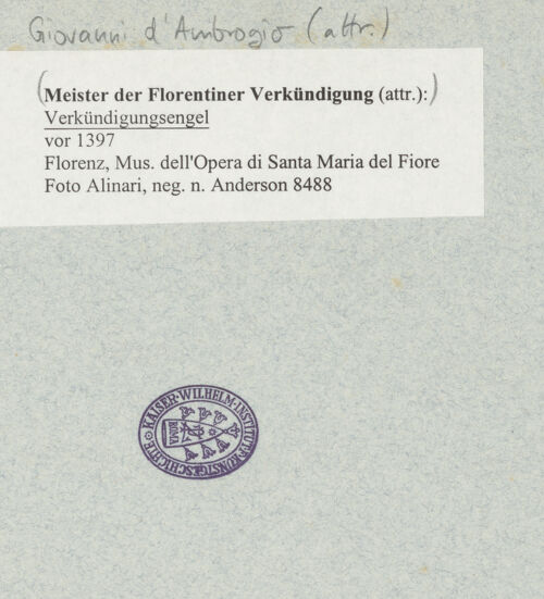 Rückseite von Alinari [https://www.deutsche-digitale-bibliothek.de/content/lizenzen/rv-ez/] VerkündigungsgruppeGabriel als Engel der Verkündigung - Gesamtansicht im rechten Viertelprofil, bh603088_recto. Foto.