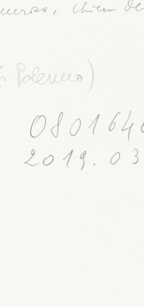 Rückseite von Soprintendenza alle Gallerie della Sicilia - Palermo [https://www.deutsche-digitale-bibliothek.de/content/lizenzen/rv-ez/] Ausstattung der Cappella NotarbartoloPilasterdekoration mit Szenen aus der Geschichte der heiligen Antonius von Padua und Franz von Assisi - Detail des oberen Reliefs mit Engel der Vekündigung, bh606007_recto. Foto.