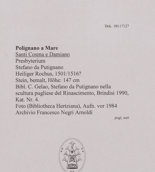 Rückseite von unbekannt [https://www.deutsche-digitale-bibliothek.de/content/lizenzen/rv-fz/] Heiliger Rochus - Statue, nicht in der Nische, bh606331_recto. Foto.