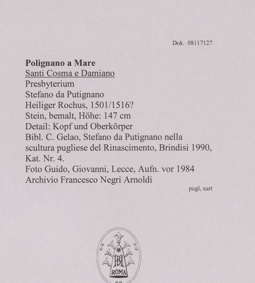 Rückseite von Guido, Giovanni, Lecce [https://www.deutsche-digitale-bibliothek.de/content/lizenzen/rv-ez/] Heiliger Rochus - Detail: Kopf und Oberkörper, bh606332_recto. Foto.