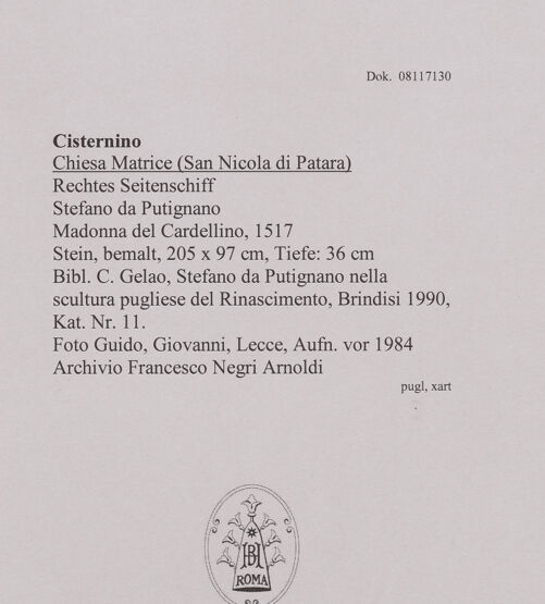 Rückseite von Guido, Giovanni, Lecce [https://www.deutsche-digitale-bibliothek.de/content/lizenzen/rv-ez/] Madonna - Gesamtansicht, bh606340_recto. Foto.