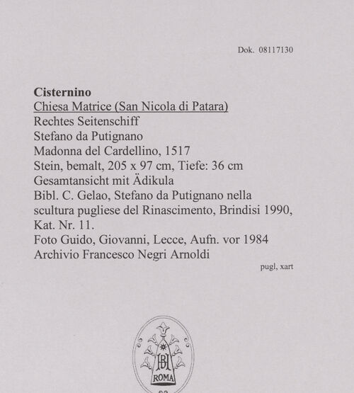 Rückseite von Guido, Giovanni, Lecce [https://www.deutsche-digitale-bibliothek.de/content/lizenzen/rv-ez/] Madonna - Gesamtansicht mit Ädikula, bh606341_recto. Foto.