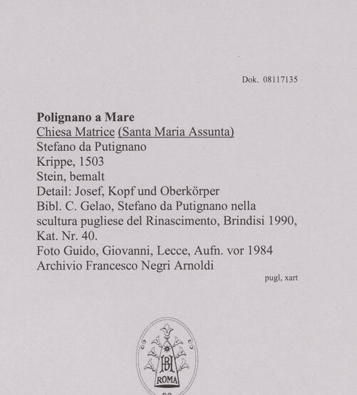 Rückseite von Guido, Giovanni, Lecce [https://www.deutsche-digitale-bibliothek.de/content/lizenzen/rv-ez/] Krippe - Detail: Heiliger Joseph, Kopf und Oberkörper, bh606352_recto. Foto.