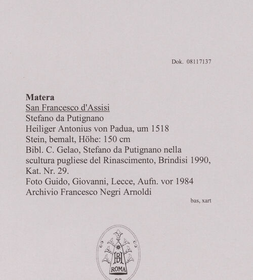 Rückseite von Guido, Giovanni, Lecce [https://www.deutsche-digitale-bibliothek.de/content/lizenzen/rv-ez/] Heiliger Antonius von Padua - Gesamtansicht, bh606371_recto. Foto.