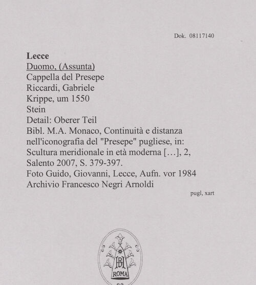 Rückseite von Guido, Giovanni, Lecce [https://www.deutsche-digitale-bibliothek.de/content/lizenzen/rv-ez/] Krippe - Detail: Oberer Teil: Drei heilige Könige und Hirten, bh606384_recto. Foto.