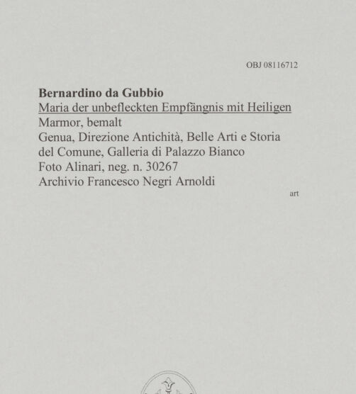 Rückseite von Alinari [https://www.deutsche-digitale-bibliothek.de/content/lizenzen/rv-ez/] Maria der unbefleckten Empfängnis mit Heiligen - , bh606428_recto. Foto.