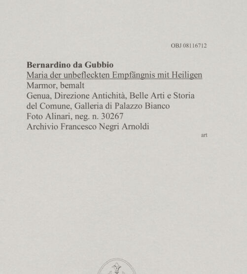 Rückseite von Alinari [https://www.deutsche-digitale-bibliothek.de/content/lizenzen/rv-ez/] Maria der unbefleckten Empfängnis mit Heiligen - Abzug beschnitten, bh606429_recto. Foto.