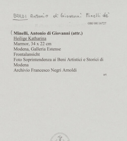 Rückseite von Soprintendenza ai Beni Artistici e Storici di Modena [https://www.deutsche-digitale-bibliothek.de/content/lizenzen/rv-ez/] Heilige Katharina - Frontalansicht, bh606437_recto. Foto.