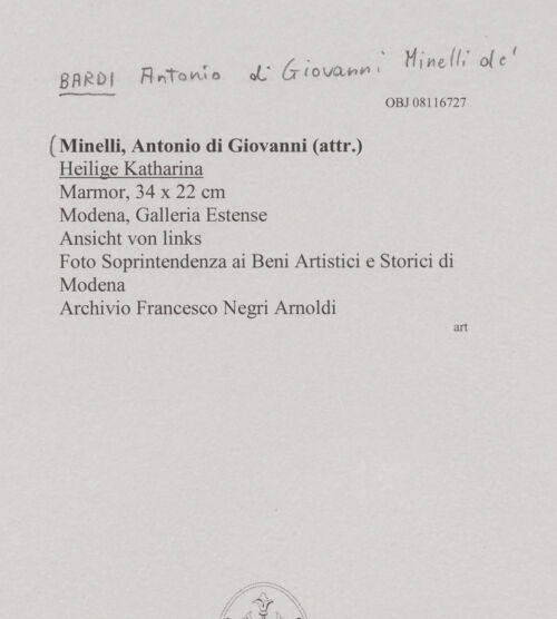 Rückseite von Soprintendenza ai Beni Artistici e Storici di Modena [https://www.deutsche-digitale-bibliothek.de/content/lizenzen/rv-ez/] Heilige Katharina - Ansicht von links, bh606438_recto. Foto.