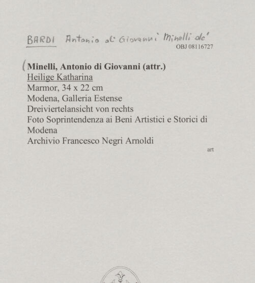 Rückseite von Soprintendenza ai Beni Artistici e Storici di Modena [https://www.deutsche-digitale-bibliothek.de/content/lizenzen/rv-ez/] Heilige Katharina - Dreiviertelansicht von rechts, bh606441_recto. Foto.