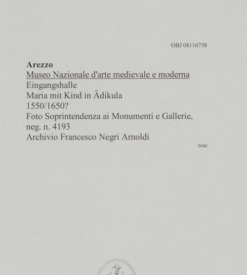 Rückseite von Soprintendenza ai Monumenti e Gallerie [https://www.deutsche-digitale-bibliothek.de/content/lizenzen/rv-ez/] Maria mit Kind in Ädikula - , bh606473_recto. Foto.