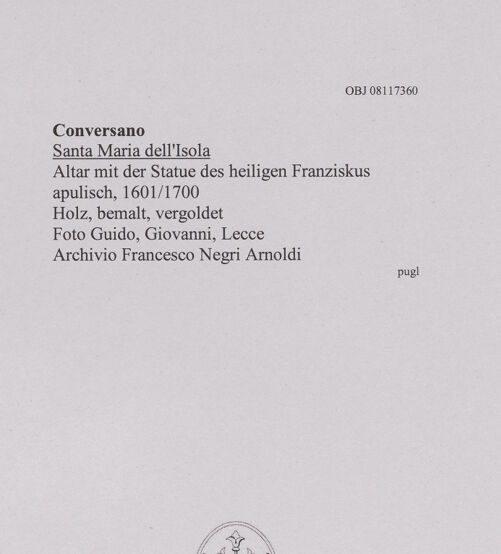 Rückseite von Guido, Giovanni, Lecce [https://www.deutsche-digitale-bibliothek.de/content/lizenzen/rv-ez/] Altar mit der Statue des heiligen Franziskus - Gesamtansicht, bh606502_recto. Foto.