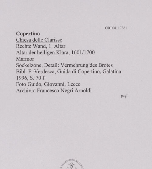 Rückseite von Guido, Giovanni, Lecce [https://www.deutsche-digitale-bibliothek.de/content/lizenzen/rv-ez/] Altar der heiligen KlaraSzenen aus dem Leben der heiligen Clara - Detail: Vermehrung des Brotes ?, bh606505_recto. Foto.