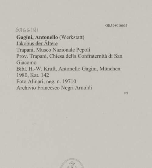 Rückseite von Alinari [https://www.deutsche-digitale-bibliothek.de/content/lizenzen/rv-ez/] Jakobus der Ältere - Gesamtansicht, bh606595_recto. Foto.