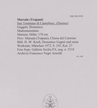 Rückseite von Sopr. Gallerie Sicilia PA [https://www.deutsche-digitale-bibliothek.de/content/lizenzen/rv-ez/] Madonna - Gesamtansicht: Madonna in Nische (vor 1943?), bh606695_recto. Foto.