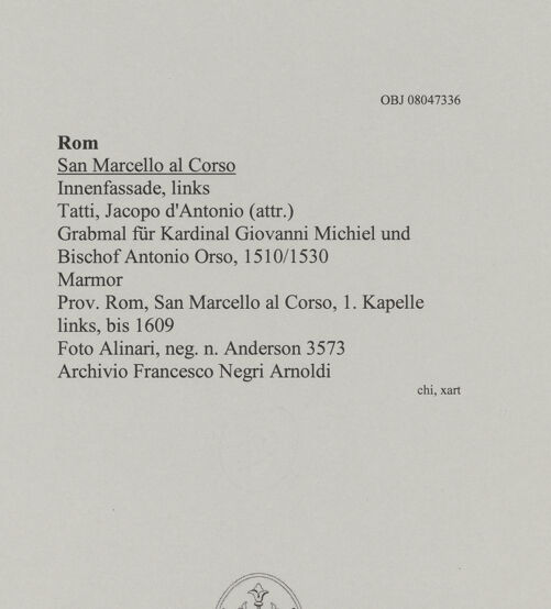 Rückseite von Alinari [https://www.deutsche-digitale-bibliothek.de/content/lizenzen/rv-ez/] Grabmal für Kardinal Giovanni Michiel und Bischof Antonio Orso - , bh606720_recto. Foto.