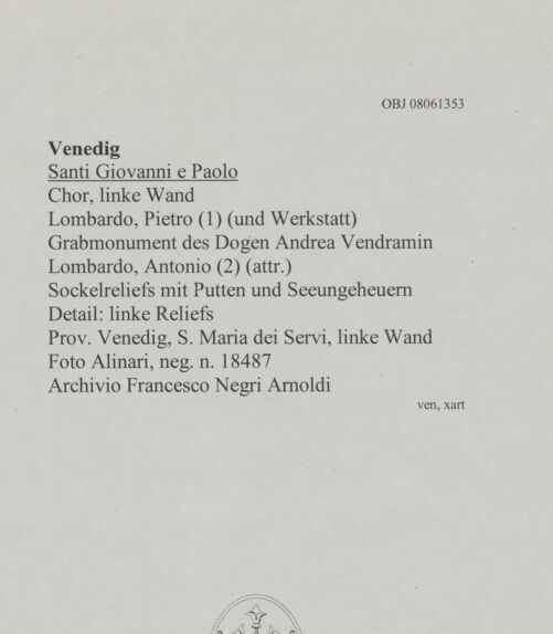 Rückseite von Alinari [https://www.deutsche-digitale-bibliothek.de/content/lizenzen/rv-ez/] Grabmonument des Dogen Andrea VendraminSockelreliefs mit Putti und Seeungeheuern - Detail: Linke Reliefs, bh606785_recto. Foto.