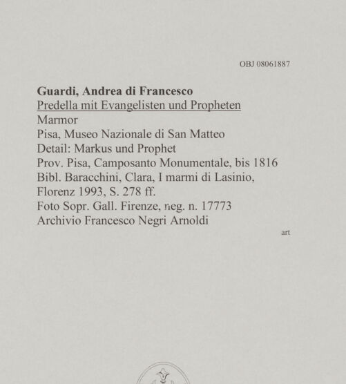 Rückseite von Sopr. Gall. Firenze [https://www.deutsche-digitale-bibliothek.de/content/lizenzen/rv-ez/] Predella mit Evangelisten und ProphetenEvangelistenfiguren - Markus und Prophet, bh606853_recto. Foto.