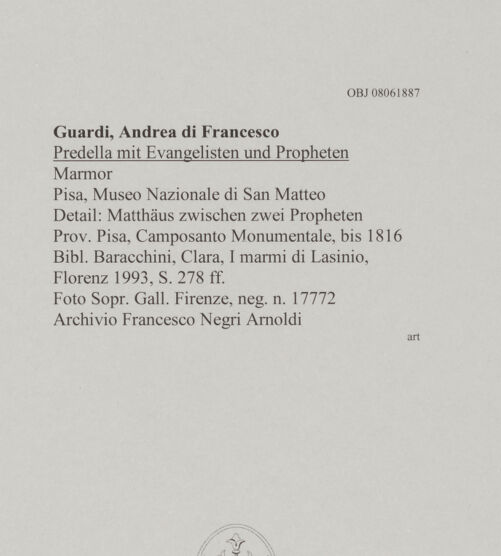 Rückseite von Sopr. Gall. Firenze [https://www.deutsche-digitale-bibliothek.de/content/lizenzen/rv-ez/] Predella mit Evangelisten und ProphetenEvangelistenfiguren - Matthäus zwischen zwei Propheten, bh606856_recto. Foto.