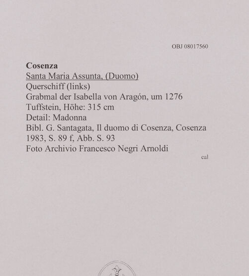 Rückseite von unbekannt [https://www.deutsche-digitale-bibliothek.de/content/lizenzen/rv-fz/] Grabmal der Isabella von Aragón - Detail: Madonna, bh606951_recto. Foto.