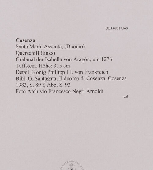 Rückseite von unbekannt [https://www.deutsche-digitale-bibliothek.de/content/lizenzen/rv-fz/] Grabmal der Isabella von Aragón - Detail: König Phillipp III. von Frankreich (mit Nische), bh606953_recto. Foto.