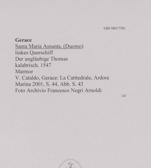 Rückseite von unbekannt [https://www.deutsche-digitale-bibliothek.de/content/lizenzen/rv-fz/] Der ungläubige Thomas - Gesamtansicht, bh606972_recto. Foto.